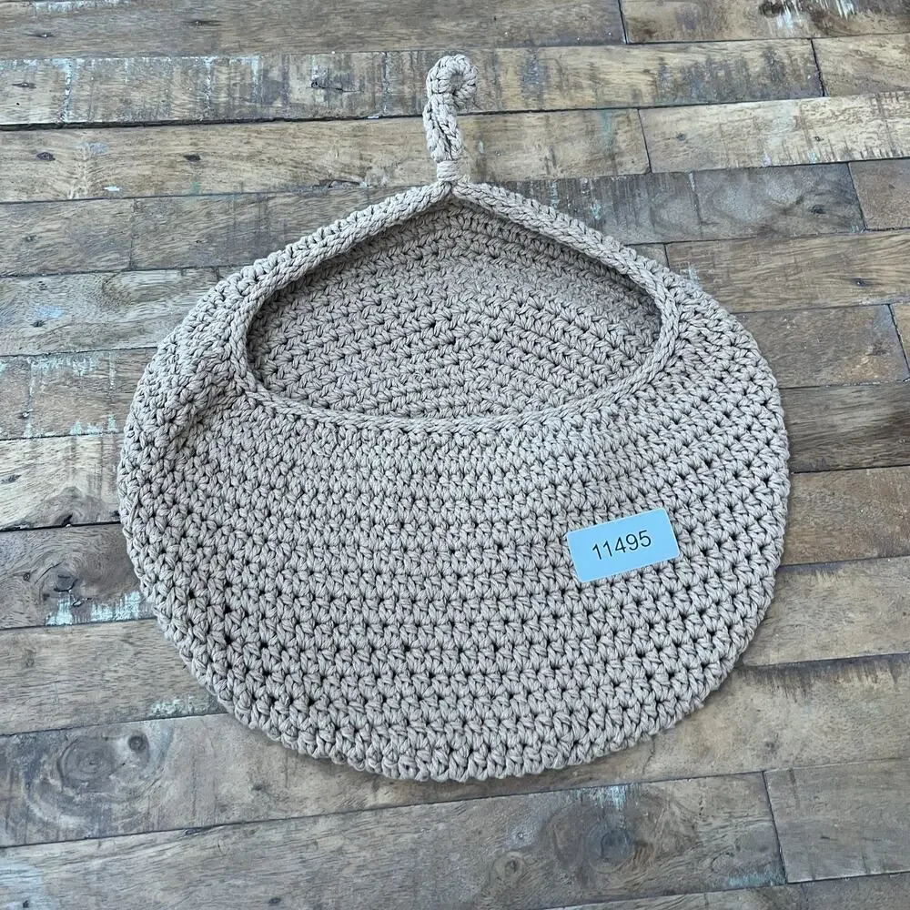 Beige Boho Crochet Hanging Wall Basket Teardrop Storage Pocket